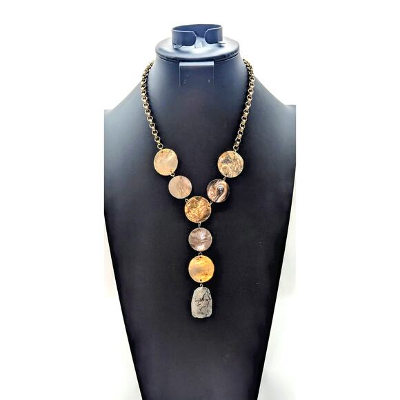 Lydell N.Y.C. Silver Tone Rutilated Quartz Shell Disk Rolo 18" Chain Necklace - Picture 10 of 16